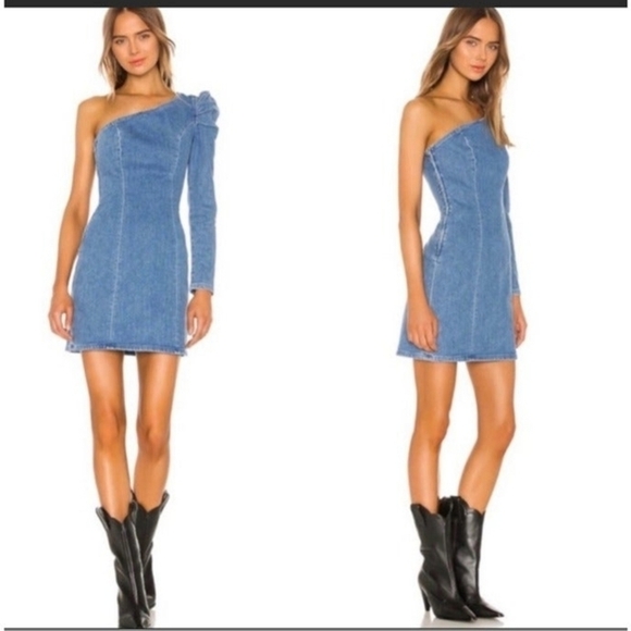 Grlfrnd Denim Ellie Mini Dress One Shoulder Puff Sleeve New Size XS - Picture 1 of 10